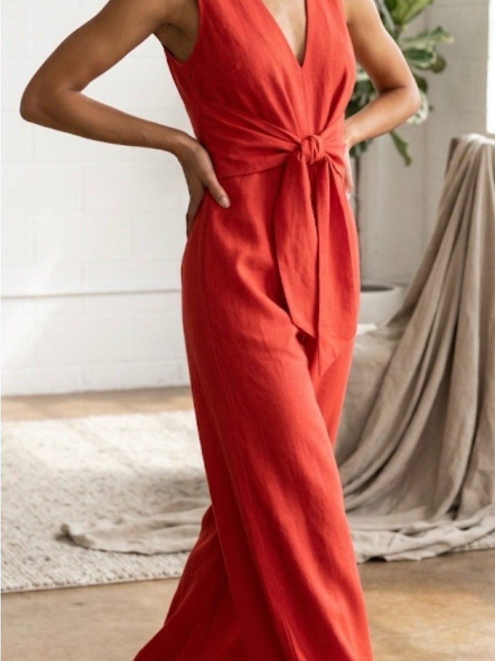 Tie-Front Sleeveless Jumpsuit in Coral Red